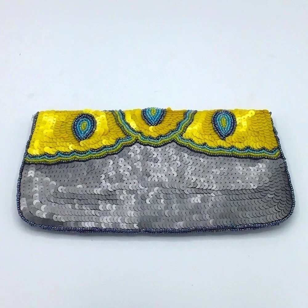 KC MALHAN AQUA BALI SEQUIN BEADED CLUTCH HANDBAG